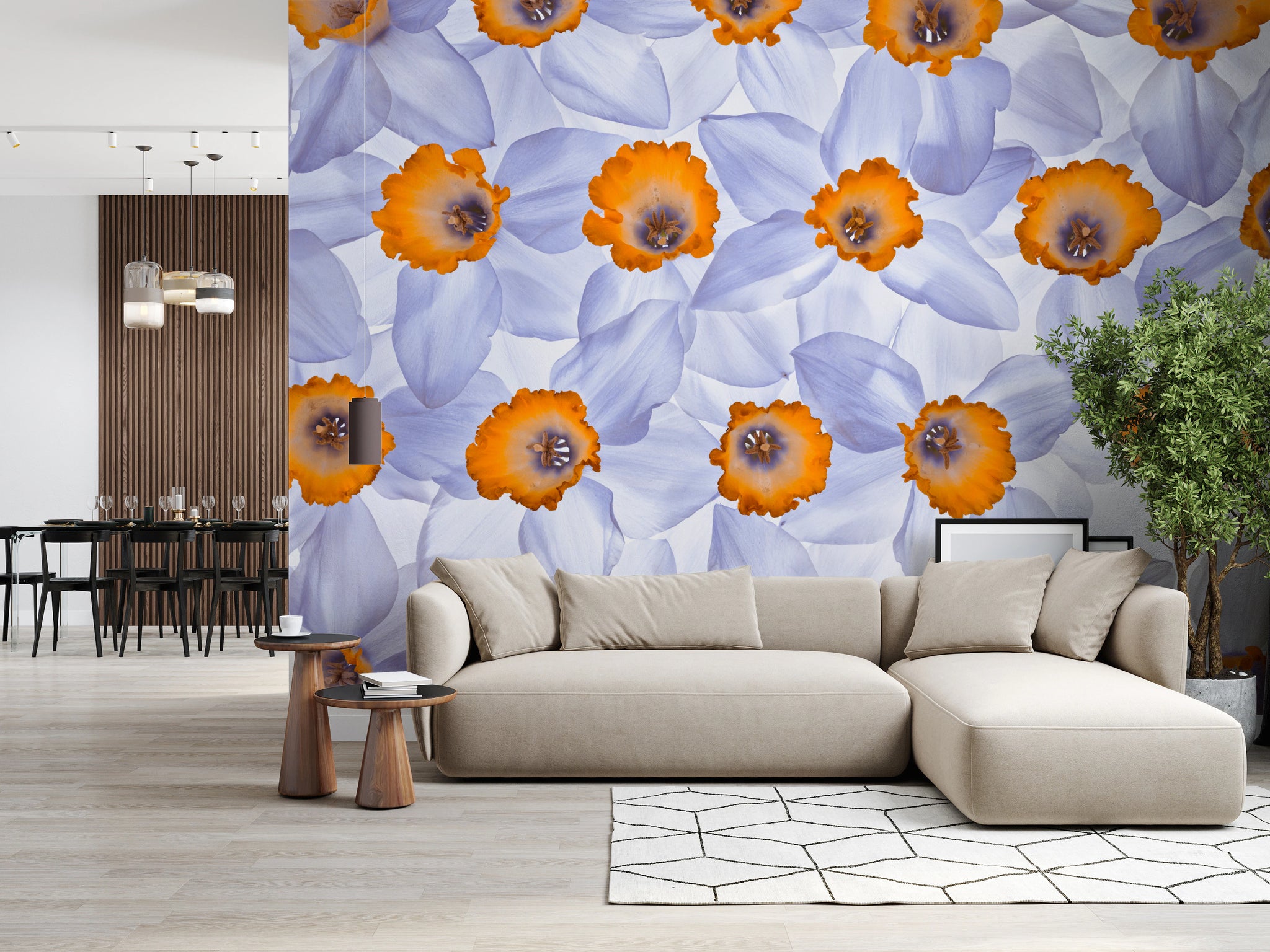 Deep, romantic floral patterns wrapped around a dining room create an immersive, jewel-box effect for 2026 interiors.