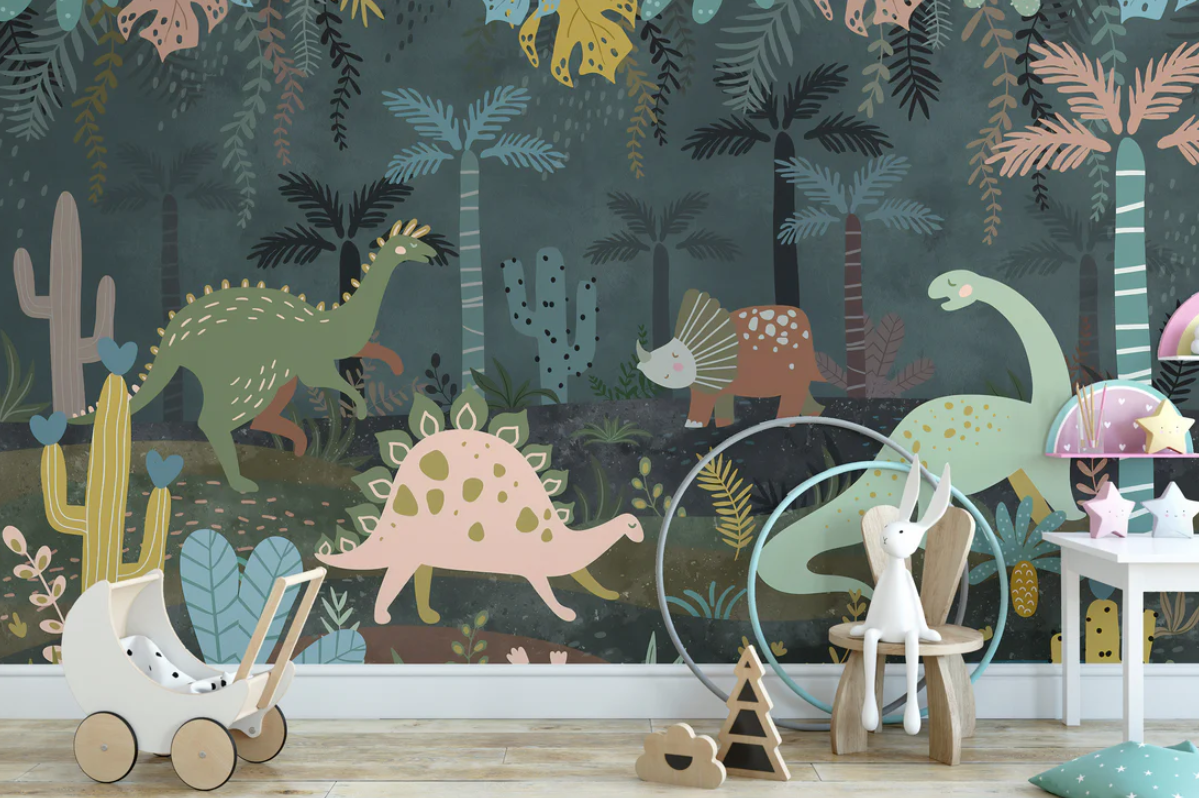 Transform your child's room with an elegant watercolor dinosaur wallpaper mural.