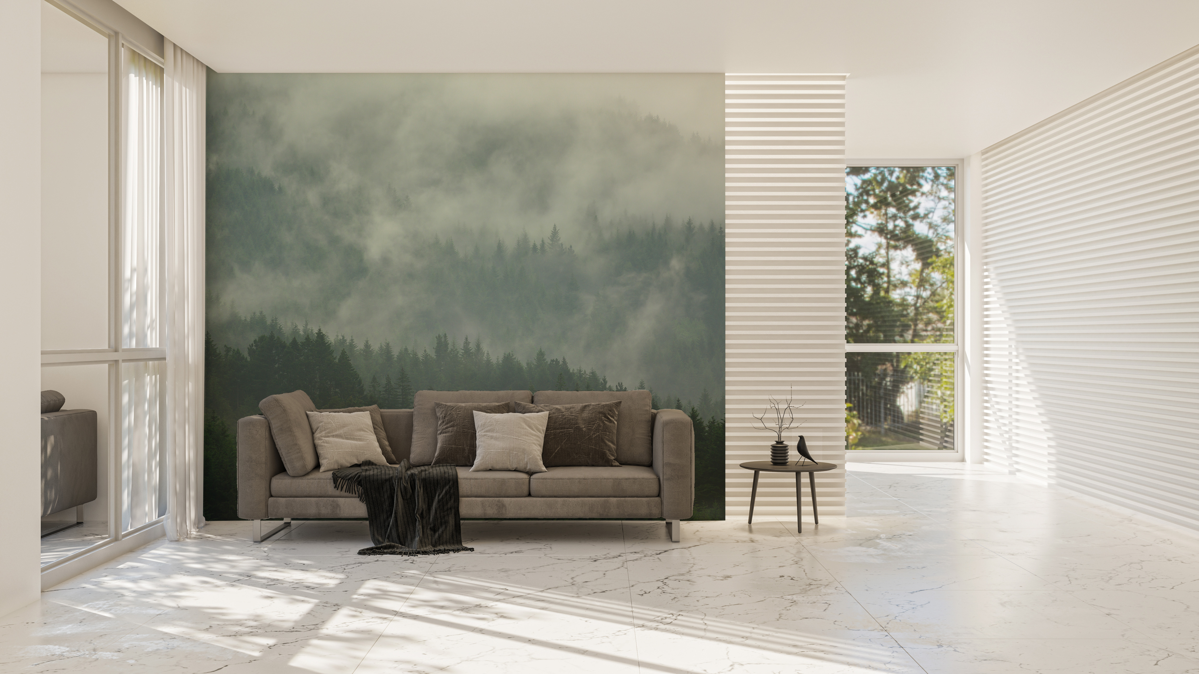 Expand your living space visually with a sweeping, modern landscape wallpaper mural.